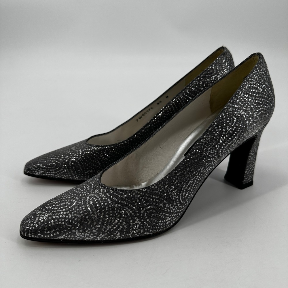 Stuart Weitzman Silver Metallic Swirl Pointed Toe Block Heel Pumps 8.5 N 7W05975